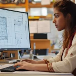 A young woman working on a desktop computer displaying detailed architectural CAD drawings, focused on designing a building layout in a modern office environment.