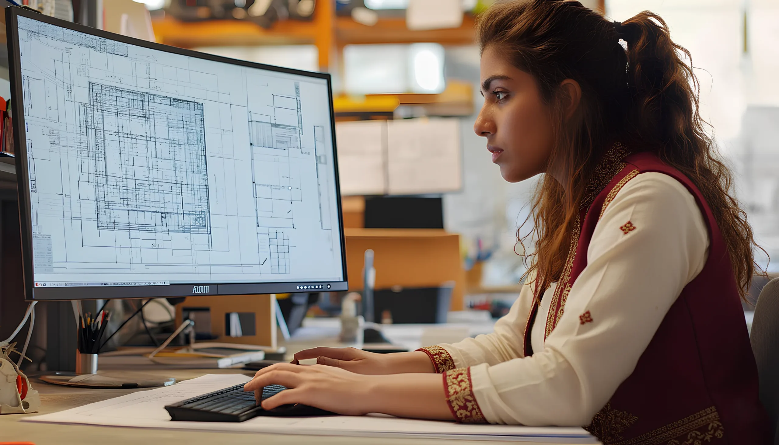 A young woman working on a desktop computer displaying detailed architectural CAD drawings, focused on designing a building layout in a modern office environment.