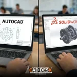 Engineering students comparing AutoCAD and SolidWorks on laptops, showing a 2D technical drawing in AutoCAD and a 3D mechanical model in SolidWorks during a CAD training session.
