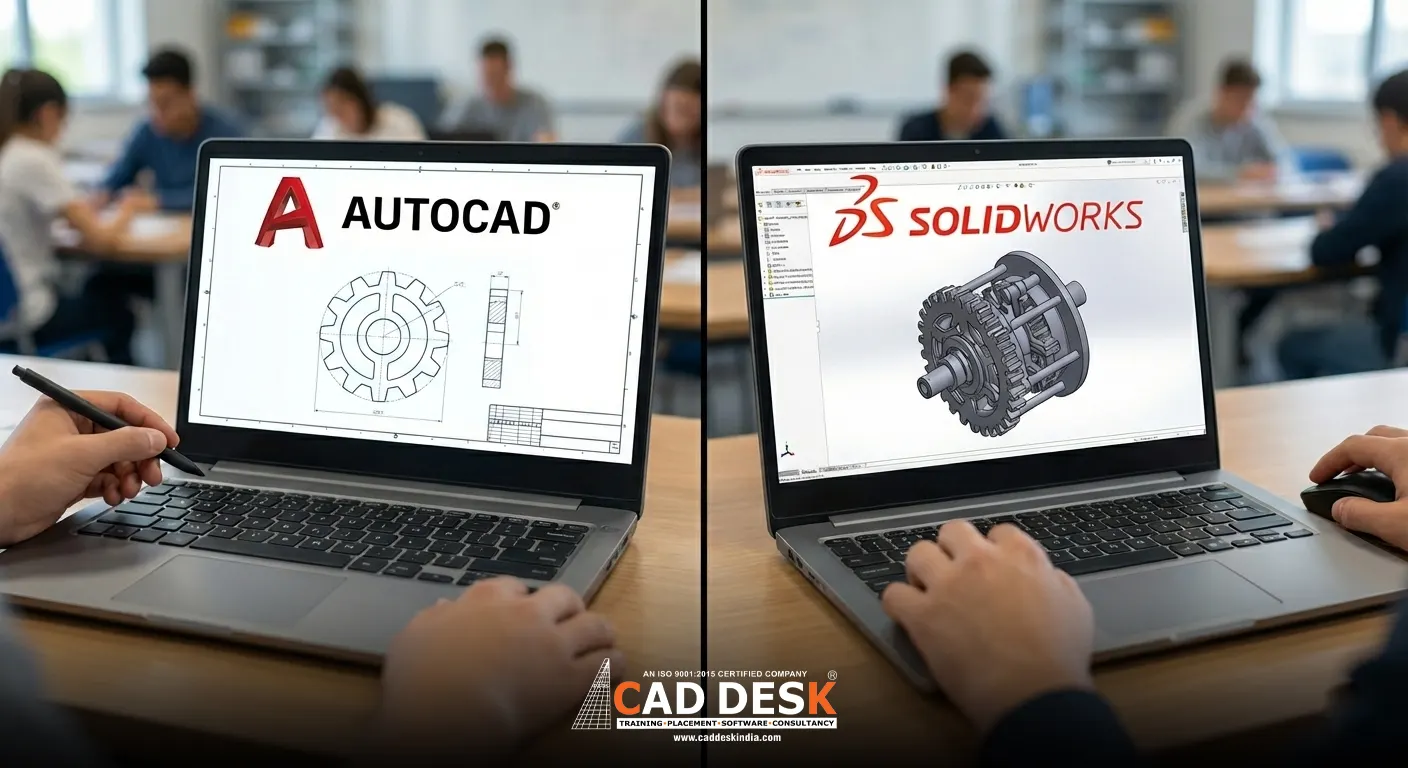 Engineering students comparing AutoCAD and SolidWorks on laptops, showing a 2D technical drawing in AutoCAD and a 3D mechanical model in SolidWorks during a CAD training session.