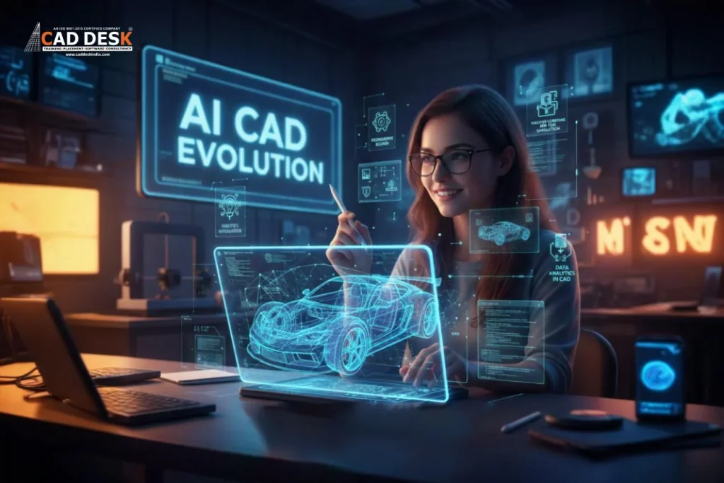 Student using AI-powered CAD software with a holographic 3D car model, showing how artificial intelligence is changing CAD design workflows.