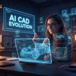 Student using AI-powered CAD software with a holographic 3D car model, showing how artificial intelligence is changing CAD design workflows.