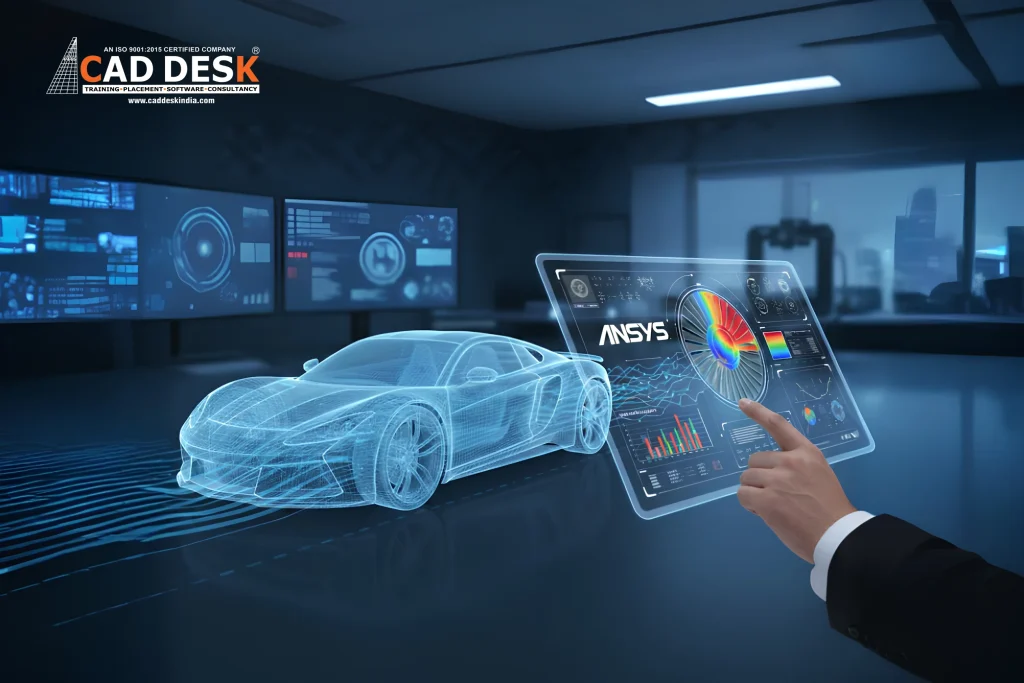Engineer using ANSYS simulation software on a digital interface to analyse a virtual 3D car model, showcasing engineering simulation, product design optimisation, and virtual testing technology in a modern CAD lab environment.
