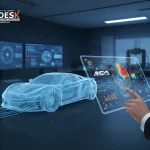 Engineer using ANSYS simulation software on a digital interface to analyse a virtual 3D car model, showcasing engineering simulation, product design optimisation, and virtual testing technology in a modern CAD lab environment.