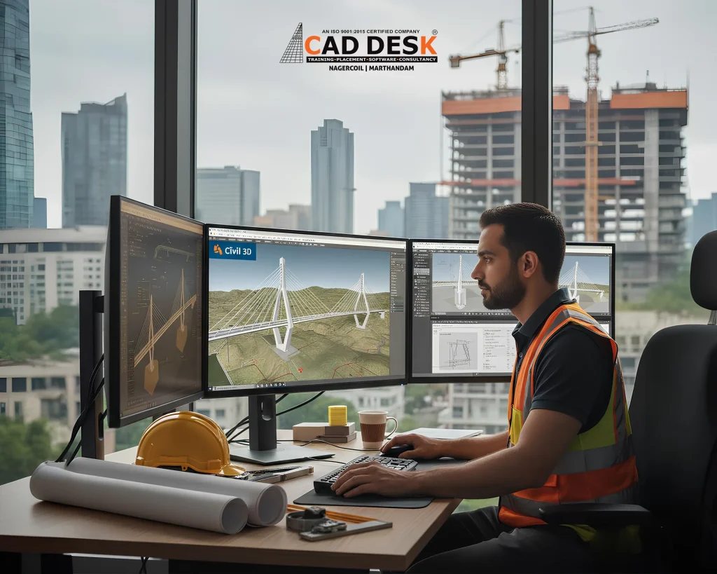 Civil engineer working on Civil 3D software with multiple monitors displaying bridge and infrastructure design models in an office setting