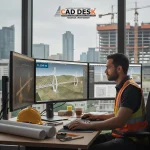Civil engineer working on Civil 3D software with multiple monitors displaying bridge and infrastructure design models in an office setting