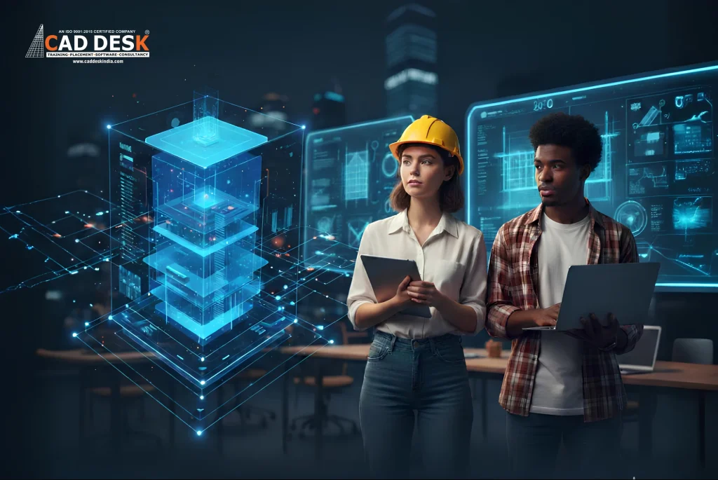 Civil and architecture professionals reviewing a 3D BIM building model on digital screens using tablets and laptops in a modern design studio.