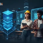 Civil and architecture professionals reviewing a 3D BIM building model on digital screens using tablets and laptops in a modern design studio.