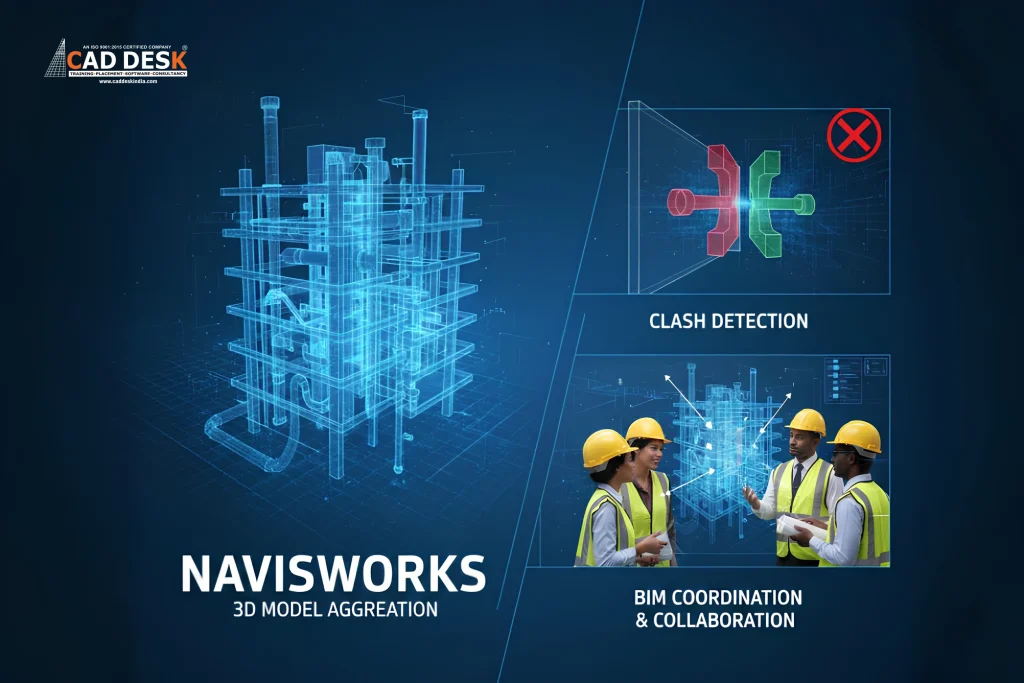 Navisworks BIM coordination and clash detection showing 3D model aggregation of building services with engineers reviewing the coordinated model.