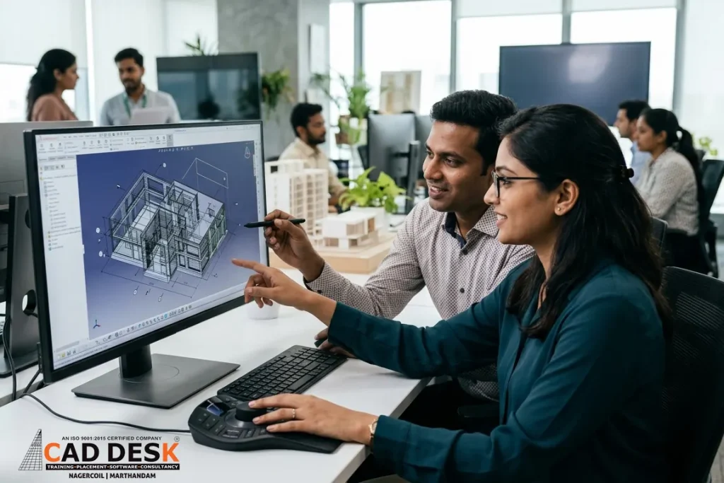 CAD designers working on a 3D building model using design software in a modern office environment at CAD Desk training center.