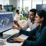 CAD designers working on a 3D building model using design software in a modern office environment at CAD Desk training center.