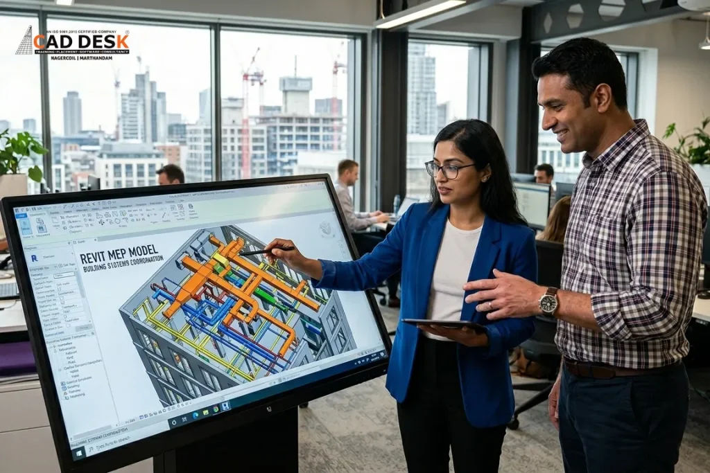 Revit MEP 3D building model displayed on a screen with engineers reviewing mechanical, electrical, and plumbing systems in a modern office setting.