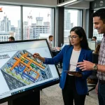 Revit MEP 3D building model displayed on a screen with engineers reviewing mechanical, electrical, and plumbing systems in a modern office setting.