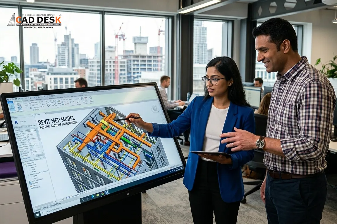 Revit MEP 3D building model displayed on a screen with engineers reviewing mechanical, electrical, and plumbing systems in a modern office setting.