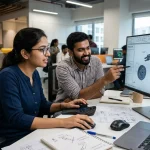 Two Indian engineers collaborating on CAD design using a computer workstation, reviewing a 3D mechanical model in a modern office environment.