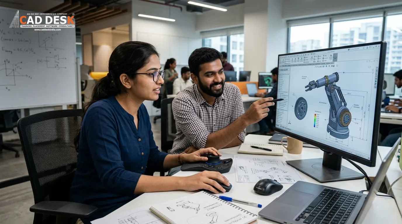Two Indian engineers collaborating on CAD design using a computer workstation, reviewing a 3D mechanical model in a modern office environment.